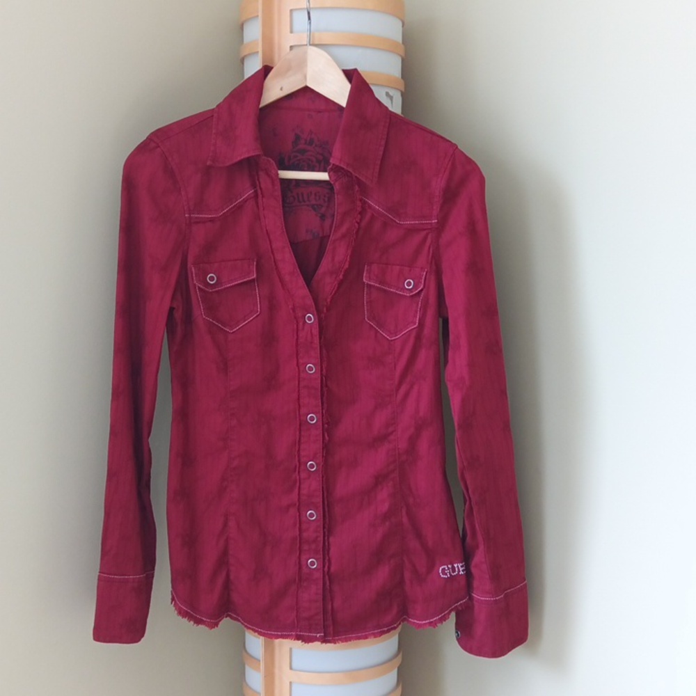 Ptp17" Guess Burgundy Red Embroidered Long Sleeve Button Shirt